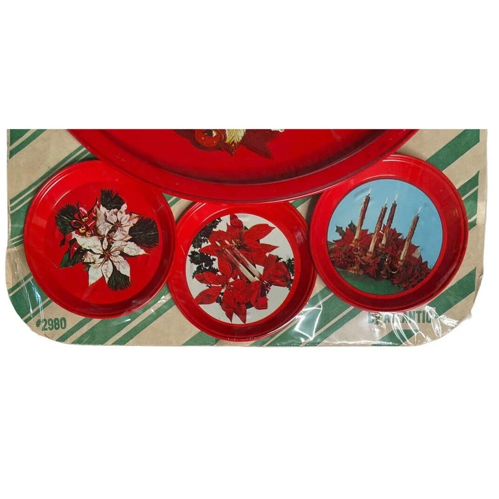 Vintage Atlantic Metal Red Christmas Round Serving Tray‎ and 6 Coasters SEALED